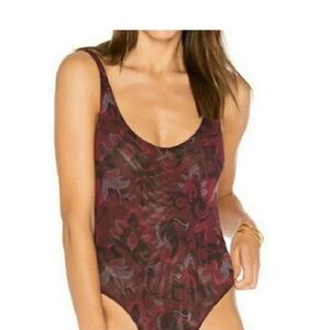 Free People Burgundy Paisley Mesh Bodysuit